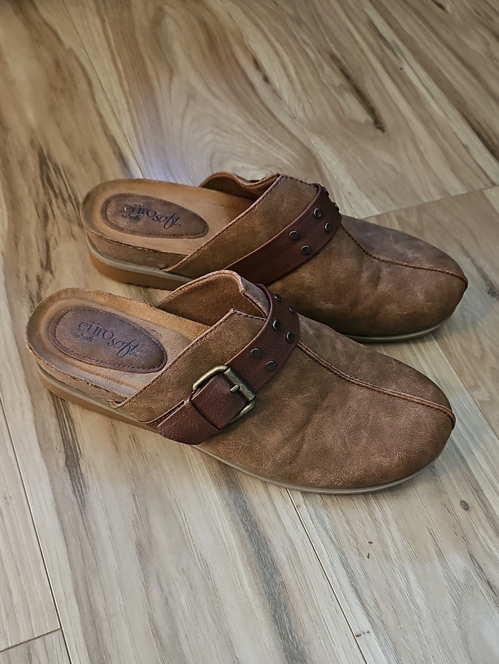 Eurosoft Brown Leather Slip-On Mule with Adjustable Strap
